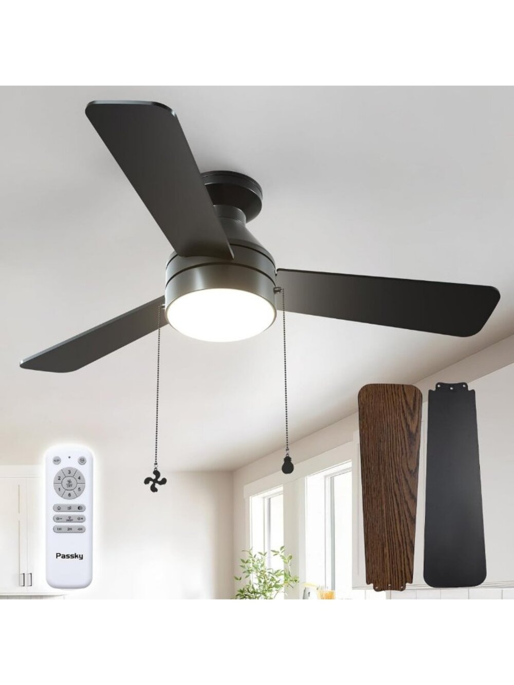 42" Black Low Profile Ceiling Fan with Light, Remote Control & Pull Chain